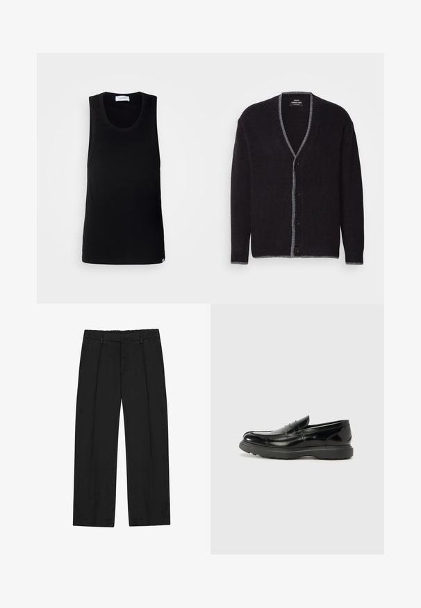Mørkegrå button-up cardigan med lysere grå kant langs V-halsen, fronten, manchetterne og kanten.; Sort ærmeløs tanktop lavet af bomuld, med en rund halsudskæring og et enkelt design med en diskret mærkeetiket ved kanten.; Sorte bukser med lige ben, der har læg, sidelommer og en flad linning. Fremstillet af glat stof med en mat finish.; Sort læderloafer med en blank finish, rund tå, subtile syninger og en tyk gummisål for holdbarhed.