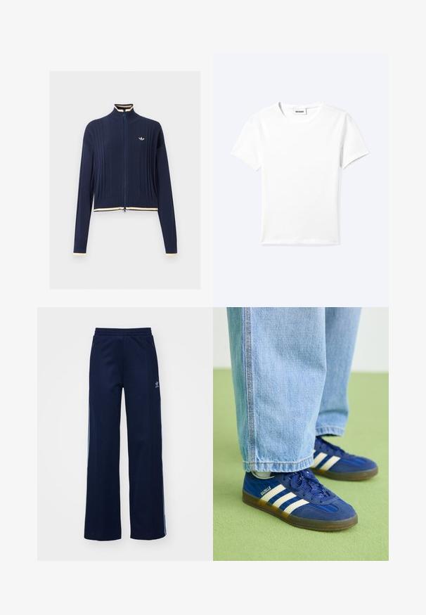Marineblauwe gebreide trui met volledige rits, ribbelstructuur, hoge kraag, lange mouwen en crème kleurige bies op de kraag, manchetten en zoom.; Effen wit T-shirt met korte mouwen en ronde hals met een klein "WEEKDAY" label aan de binnenkant van de hals, plat neergelegd op een lichte achtergrond.; Marineblauwe katoenen joggingsbroek met een brede pijpdesign, elastische tailleband en ritszakken, voorzien van witte zijstrepen en logo-detail.; Blauwe suède sneakers met witte strepen en gestructureerde patronen, gedragen met lichtblauwe denim broek, tegen een groene achtergrond.