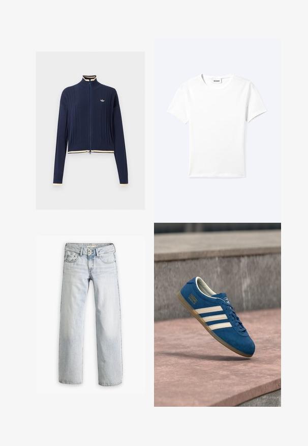 Marineblauwe gebreide trui met volledige rits, ribbelstructuur, hoge kraag, lange mouwen en crème kleurige bies op de kraag, manchetten en zoom.; Effen wit T-shirt met korte mouwen en ronde hals met een klein "WEEKDAY" label aan de binnenkant van de hals, plat neergelegd op een lichte achtergrond.; Lichtblauwe denim jeans met een ontspannen pasvorm, hoge taille en vijf-pocket ontwerp. Bevat stikaccenten en een knopenfly-sluiting.; Blauwe suède sneaker met crèmekleurige strepen en veters, zool van gumrubber, gestructureerd oppervlak, afgeronde neus en merkopdruk aan de zijkant.