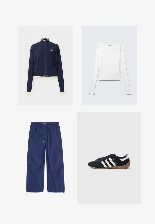 Pull en maille bleu marine à fermeture éclair intégrale, texture côtelée, col montant, manches longues et bordure crème au col, aux poignets et à l'ourlet.; Haut blanc à manches longues avec un design croisé et une poche. Fabriqué dans un tissu lisse et extensible. Coupé dans une coupe décontractée et ample.; Pantalon bleu marine à jambes larges avec taille élastique, cordon de serrage, poches latérales et cordons ajustables aux ourlets des chevilles.; Baskets en daim noir avec trois bandes blanches, semelle en caoutchouc beige, et un petit logo doré sur le côté. Dotées d'une doublure intérieure noire lisse.