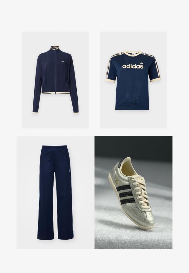 Tumesinine täislukuga soonikkoega kampsun, kõrge krae, pikad varrukad ja kreemika äärisega krae, mansetid ja alumine serv.; Tumesinine Adidas võrgust lühikeste varrukatega särk kreemika äärisega, kolm kreemikat triipu varrukatel ja Adidas logo rinnal.; Tumesinise puuvillaseguse kangaga dressipüksid laia säärekujundusega, elastse värvliga ja tõmblukkudega taskutega, millel on valged külg triibud ja logodetail.; Helehallid nahast tossud mustade triipudega, perforatsioonide detailidega, beežide nööpidega ja kuldse logotäpiga. Tekstuuriga kummitald.