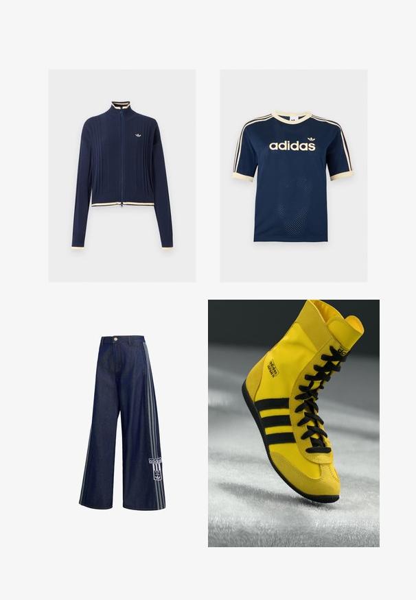 Marineblauwe gebreide trui met volledige rits, ribbelstructuur, hoge kraag, lange mouwen en crème kleurige bies op de kraag, manchetten en zoom.; Marineblauw Adidas mesh T-shirt met korte mouwen, crèmekleurige afwerking, drie crèmekleurige strepen op de mouwen en Adidas-logo op de borst.; Donkerblauwe wijde spijkerbroek met grijze strepen aan de zijkanten, knoopsluiting, voorzakken en een Adidas-logo patch op het linkerbeen.; Hoge sneakers van gele synthetische materialen, met zwarte veters, drie zwarte strepen en branding op de zijkant. Gekreukt rubberen zool.