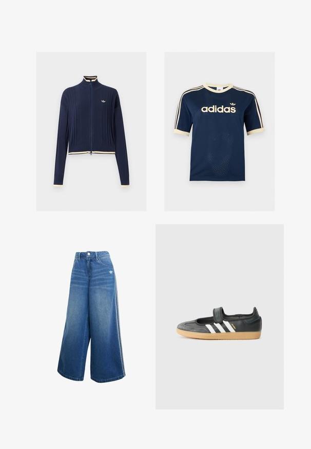 Tmavomodrý pletený sveter na zips, rebrovaná štruktúra, vysoký golier, dlhé rukávy a krémový lem na golieri, manžetách a spodnom okraji.; Tmavomodré Adidas sieťované tričko s krátkym rukávom s krémovým lemom, troma krémovými pruhmi na rukávoch a logom Adidas na hrudi.; Džíny s širokými nohavicami v stredne modrej farbe, s vysokým pásom, jemnými švovými detailmi a malým bielym logom na prednej strane.; Čierne kožené a zamšové tenisky s Velcro pásikom, s tromi bielymi pruhmi a gumenou podrážkou, označené nápisom "SAMBA" na boku.