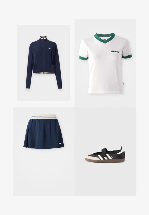 Mørkeblå strikket trøje med fuld lynlås, ribbet struktur, høj krave, lange ærmer og cremefarvet kant på krave, manchetter og kant.; Hvid kortærmet t-shirt med grøn V-hals og ærmekanter; har "Dickies" logo i mørkegrøn på venstre bryst. Glat bomuldsstruktur.; Mørkeblå nederdel lavet af blødt stof med en hvid elastisk talje, der har to marineblå striber og et lille logo på den nederste søm.; Sort og beige sko med velcrolukning, tre hvide striber på siden og en tekstureret brun gummisål. Mærkelogo er synligt.