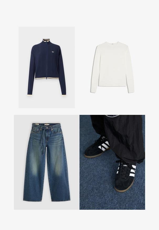 Pull en maille bleu marine à fermeture éclair intégrale, texture côtelée, col montant, manches longues et bordure crème au col, aux poignets et à l'ourlet.; T-shirt blanc uni à manches longues avec col rond et coupe ajustée, posé à plat sur un fond blanc.; Jean large en denim bleu foncé avec un design délavé, présentant une taille avec cordon de serrage et un style à cinq poches.; Des chaussures de sport en suède noir avec trois rayures blanches et des lacets noirs. Un pantalon noir texturé est partiellement visible à côté des chaussures.