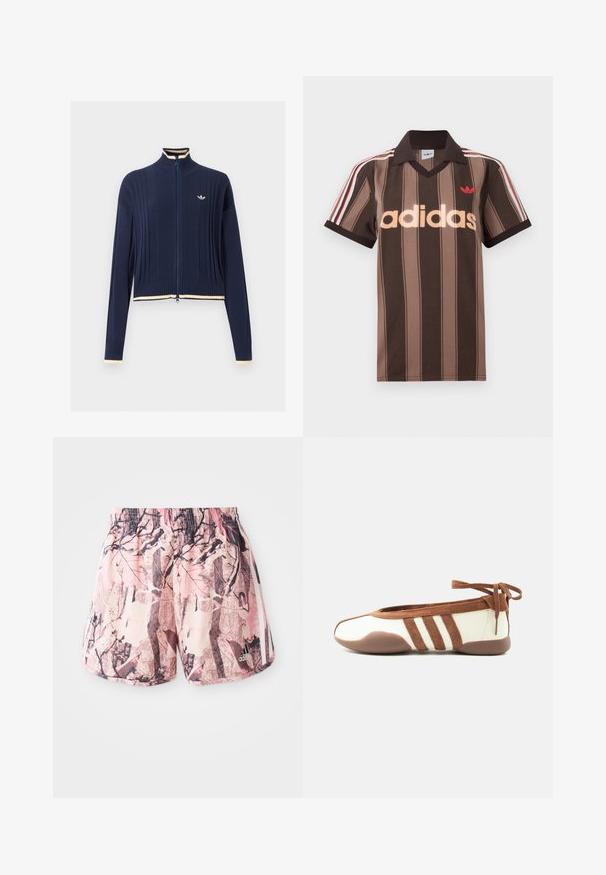 Laivastonsininen neuletakki täyshalkiolla, ribbineulosta, korkealla kauluksella, pitkillä hihoilla ja kermaan vivahtavilla yksityiskohdilla kauluksessa, kalvosimissa ja helmassa.; Ruskearaidallinen Adidas-pikeepaita, jossa on V-aukko, viininpunainen kaulus ja punainen logo. Paidassa on valkoiset ja punaiset olkapääraidat sekä lyhyet hihat.; Vaaleanpunaiset ja ruskeat kuviolliset shortsit, joissa on joustava vyötärö ja sivu raidat, sekä graafinen suunnittelu, joka muistuttaa lehvistöä ja oksia.; Ohut beige ja ruskea ballerinakenkä pyöreällä kärkiosalla, kolmella sivuraidalla, pehmeällä pohjalla ja nilkkalenkki suljettuna yksiväristä valkoista taustaa vasten.