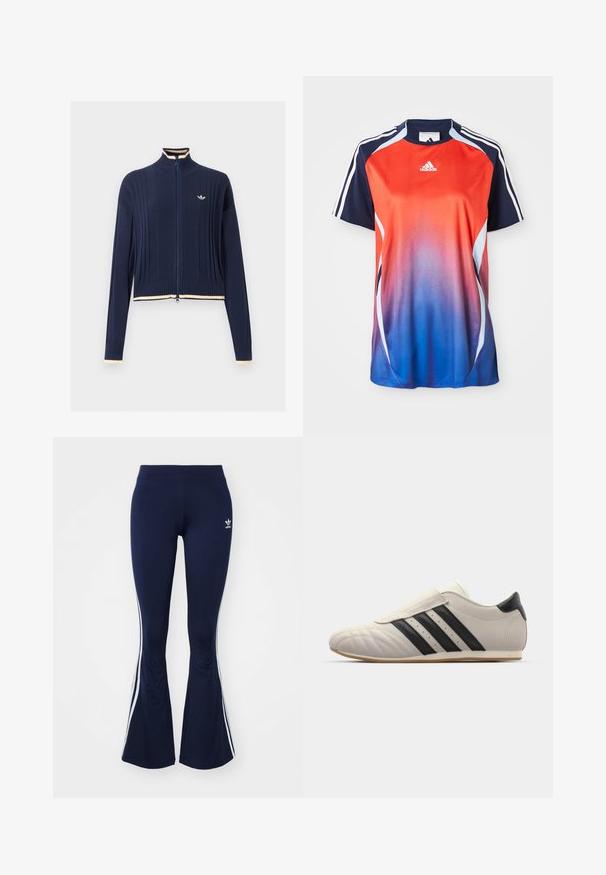 Tmavomodrý pletený sveter na zips, rebrovaná štruktúra, vysoký golier, dlhé rukávy a krémový lem na golieri, manžetách a spodnom okraji.; Adidas športová košeľa s krátkym rukávom s gradientom od červenej po modrú, s námorníckymi akcentmi a bielymi pruhmi pozdĺž ramien.; Námornícke modré rozšírené legíny vyrobené z elastického materiálu, s bielymi bočnými pruhmi a malým logom vpredu. Hladká textúra po celom povrchu.; Svetlošedé tenisky s čiernymi pruhmi, okrúhla špička, hladký kožený zvršok, uzatváranie na suchý zips a gumová podrážka.