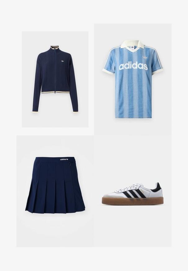 Tmavomodrý pletený sveter na zips, rebrovaná štruktúra, vysoký golier, dlhé rukávy a krémový lem na golieri, manžetách a spodnom okraji.; Svetlomodré polokošeľa s krátkym rukávom s vertikálnymi pruhmi, bielymi akcentmi a výrazným bielym logom „adidas“ na prednej strane.; Námornícky skládací sukňa vyrobená z ľahkého materiálu; má elastický pás a malú zipsovú kapsu, s bielym logom Adidas vpredu.; Biele kožené tenisky s čiernymi pruhmi, gumová podrážka, okrúhla špička, šnurovanie a mäkký sivý semišový špička.