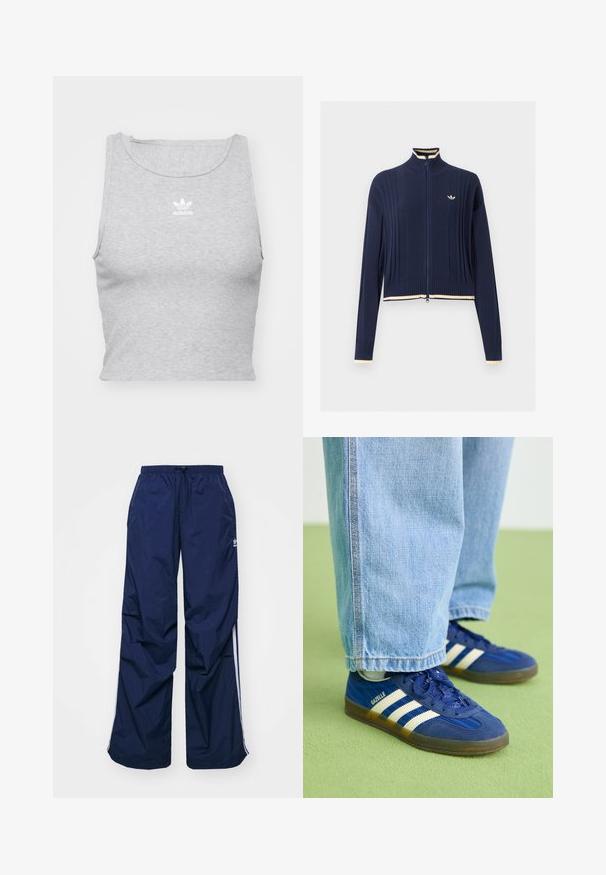 Marineblauwe gebreide trui met volledige rits, ribbelstructuur, hoge kraag, lange mouwen en crème kleurige bies op de kraag, manchetten en zoom.; Grijze, mouwloze crop top gemaakt van een zachte stof, met een ronde halslijn en een klein wit Adidas-logo op de borst.; Navyblauwe, lichtgewicht broek met elastische taille en trekkoord, voorzien van witte zijstrepen en een klein logo aan de voorkant. Losse pasvorm.; Blauwe suède sneakers met witte strepen en gestructureerde patronen, gedragen met lichtblauwe denim broek, tegen een groene achtergrond.