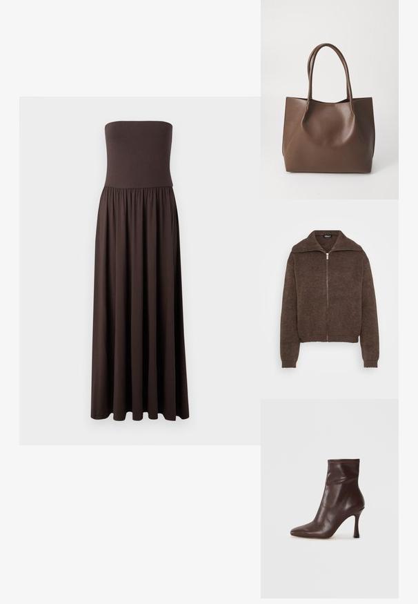 Brauner Strickpullover mit hohem Kragen und Reißverschluss vorne. Verfügt über gerippte Bündchen und Saum, was ein strukturiertes Aussehen verleiht.; Schnurloses braunes Maxikleid aus weichem Stoff, mit einem taillierten Oberteil und einem fließenden, gerafften Rock für Bewegungsfreiheit.; Braune Leder-Ankle-Boots mit spitzem Zeh und schlankem Stiletto-Absatz. Verfügt über eine glatte Textur und genähte Details entlang der Öffnung.; Braune Leder-Tote mit zwei langen Tragriemen, strukturiertem Shape, glatter Textur und minimalistischem Design. Keine sichtbaren Beschläge oder Akzente.