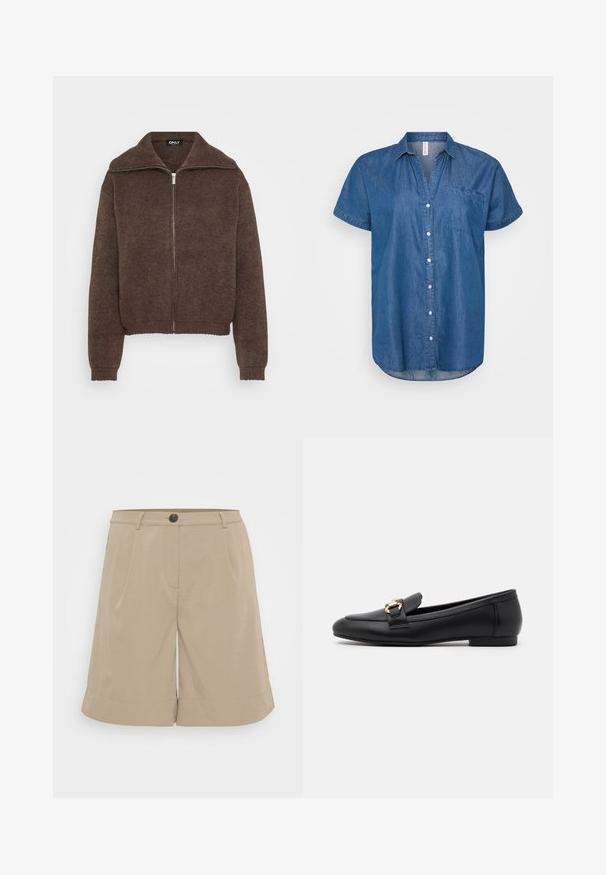 Brun strikket sweater med høj krave og lynlås foran. Har ribbede mansjetter og kant, der giver et struktureret udseende.; Denim kortærmet skjorte, lys til mørkeblå gradient, knaplukning foran, spidse krave, brystlomme, buet kant, let løs pasform.; Khaki shorts lavet af letvægtsstof, med flad front, plisseringer, knaplukning og rullede nederkanter. Simpelt og skræddersyet design.; Sorte læder loafers med flad sål, prydet med en dekorativ guld-tone spænde på forsiden og en let afrundet tå.