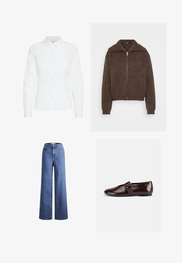 Pull en maille marron avec col montant et fermeture éclair à l'avant. Présente des poignets et un ourlet côtelés, offrant une apparence texturée.; Chemise blanche à boutons, en tissu lisse. Présente des manches longues, un col classique et six boutons à l'avant avec une coupe ajustée.; Jean large en denim bleu clair avec taille haute, deux poches avant et coutures visibles. Fermeture à bouton et à zip.; Chaussure plate en cuir verni marron foncé avec une large bride à boucle dorée et un bout arrondi, présentée de profil sur fond blanc.