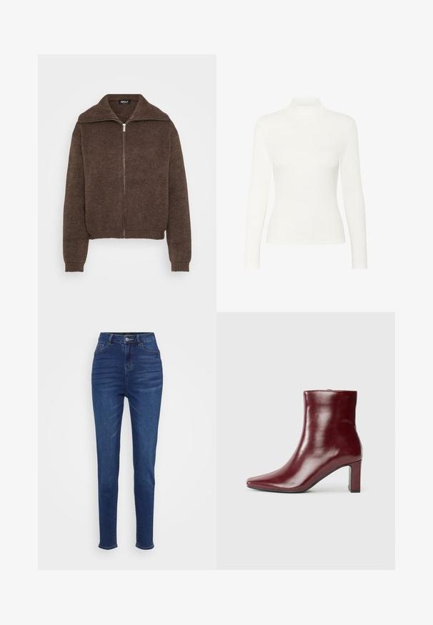 Hnedý pletený sveter s vysokým golierom a zipsom vpredu. Má rebrované manžety a lem, čo mu dodáva štruktúrovaný vzhľad.; Biely dlhý rukáv turtleneck top vyrobený z rebrovaného materiálu, s priliehavým strihom a hladkou textúrou, s vysokým golierom a bez viditeľných akcentov.; Vysoké džínsy slim fit v tmavomodrom denimovom materiáli. Obsahujú päť vreciek, pútka na opasok a zapínanie na gombík s jemným vyblednutím pozdĺž nohavíc.; Bordová kožená členková čižma s užším špicatým špičkou a blokovým podpätkom. Hladká textúra s elegantným tvarom a čistými líniami.