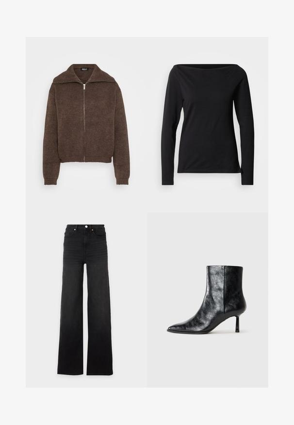 Brauner Strickpullover mit hohem Kragen und Reißverschluss vorne. Verfügt über gerippte Bündchen und Saum, was ein strukturiertes Aussehen verleiht.; Schwarzes langärmliges Oberteil mit weitem U-Boot-Ausschnitt, aus glattem, elastischem Stoff, mit figurbetontem Schnitt und minimalistischem Design.; Schwarze High-Waist-Jeans mit weitem Bein, Frontknopf, Gürtelschlaufen und fünf Taschen auf weißem Hintergrund.; Schwarze Leder-Stiefelette mit spitzem Zehenbereich und dünnem, kurzem Absatz. Verfügt über eine strukturierte Oberfläche und ein sauberes Design mit nahtloser Seite.