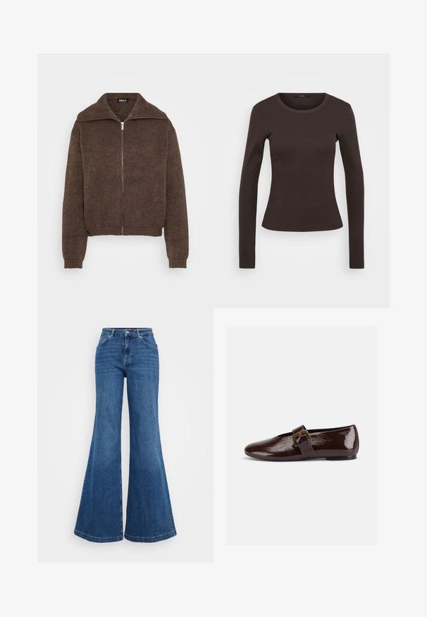 Brun strikket sweater med høj krave og lynlås foran. Har ribbede mansjetter og kant, der giver et struktureret udseende.; Langærmet brun t-shirt lavet af ribbet stof, med en rund halsudskæring og en tætsiddende silhuet.; Blå denim flared jeans med høj talje, der har et klassisk five-pocket design og en glat tekstur. Kantene er brede og færdigbehandlede.; Mørkebrun laklædersko med stor guldlås og rund tå, vist i sideprofil på hvid baggrund.