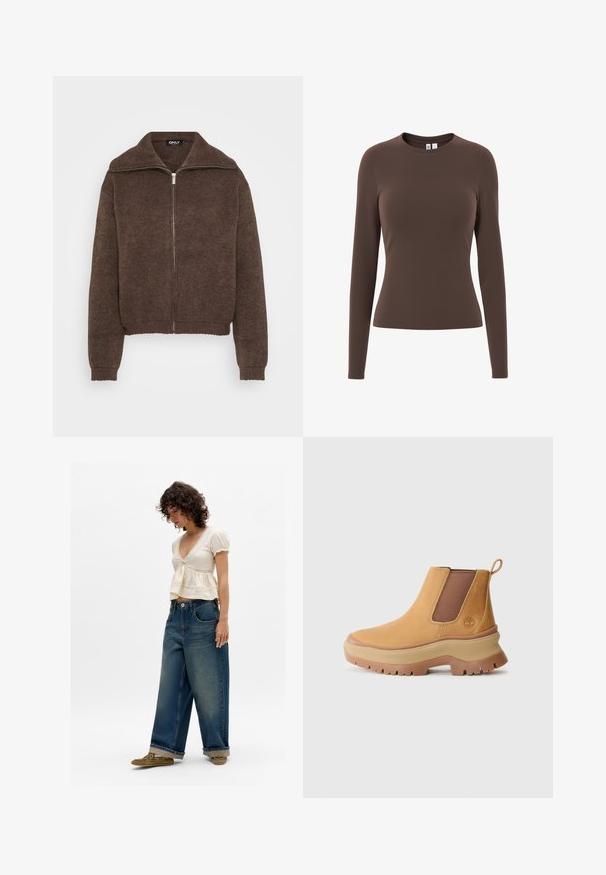 Brun strikket sweater med høj krave og lynlås foran. Har ribbede mansjetter og kant, der giver et struktureret udseende.; Brun tætsiddende langærmet rundhalset trøje med glat tekstur, vist på en hvid baggrund.; Kvinde iført en cremefarvet kortærmet V-hals top med lace-detaljer, løse bredbenede blå jeans der er opsmøget i kanten, og olivengrønne sko, stående på hvid baggrund.; Brune læder ankelstøvle med elastiske sidepaneler, afrundet tå og tyk gummisål med dyb profil; har en trækstrop bag på hælen.