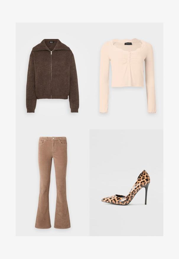 Pull en maille marron avec col montant et fermeture éclair à l'avant. Présente des poignets et un ourlet côtelés, offrant une apparence texturée.; Haut court à manches longues en tissu beige doux. Présente un col orné de dentelle et des boutons à l'avant, avec des accents de tissu froncé.; Pantalons en velours côtelé marron évasés avec une surface texturée, dotés de cinq poches, d'une fermeture à bouton et de passants de ceinture.; Chaussure à talon haut en imprimé léopard avec un bout pointu, une finition brillante et un talon aiguille. Présente une texture lisse et un design à dos ouvert.