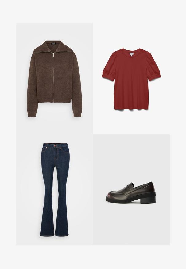 Pull en maille marron avec col montant et fermeture éclair à l'avant. Présente des poignets et un ourlet côtelés, offrant une apparence texturée.; Blouse rouge rouille à manches courtes bouffantes, col rond et détail de poignet ajusté.; Jeans évasés en denim bleu foncé avec des coutures visibles, des poches avant et une fermeture à bouton. Texture lisse avec un léger stretch.; Mocassins en cuir marron foncé avec un bout arrondi, des détails cousus et un talon bloc modéré. Texture lisse, design minimaliste.