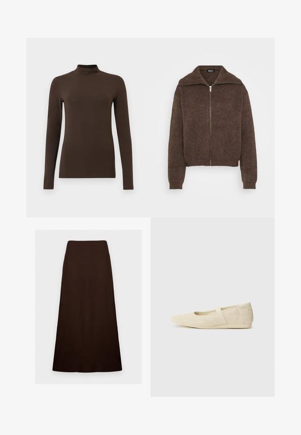 Brun strikket sweater med høj krave og lynlås foran. Har ribbede mansjetter og kant, der giver et struktureret udseende.; Brun langærmet turtleneck-top lavet af blødt stof. Tætsiddende design med høj krave og sømløse ærmer. Ingen synlige mønstre eller hardware.; Mørkebrun, ankellang A-formet nederdel med en glat, ensartet tekstur og en tætsiddende talje mod en ensfarvet hvid baggrund.; Lysebrune ballet flats med en glat læderoverflade, mandelformet tå og elastisk rem over vristen, med diskrete syninger.