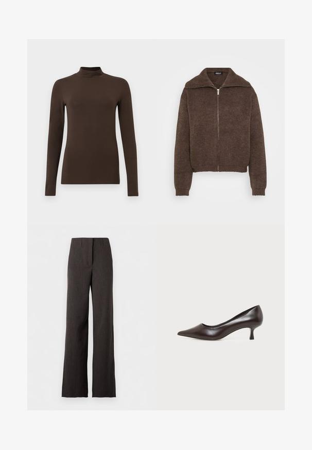 Brun strikket sweater med høj krave og lynlås foran. Har ribbede mansjetter og kant, der giver et struktureret udseende.; Brun langærmet turtleneck-top lavet af blødt stof. Tætsiddende design med høj krave og sømløse ærmer. Ingen synlige mønstre eller hardware.; Mørkegrå viddeben bukser med høj talje, frontsøm og skjult lukning, vist på en hvid baggrund.; Mørkebrun læderpumps med spids tå og lav buet hæl på hvid baggrund.