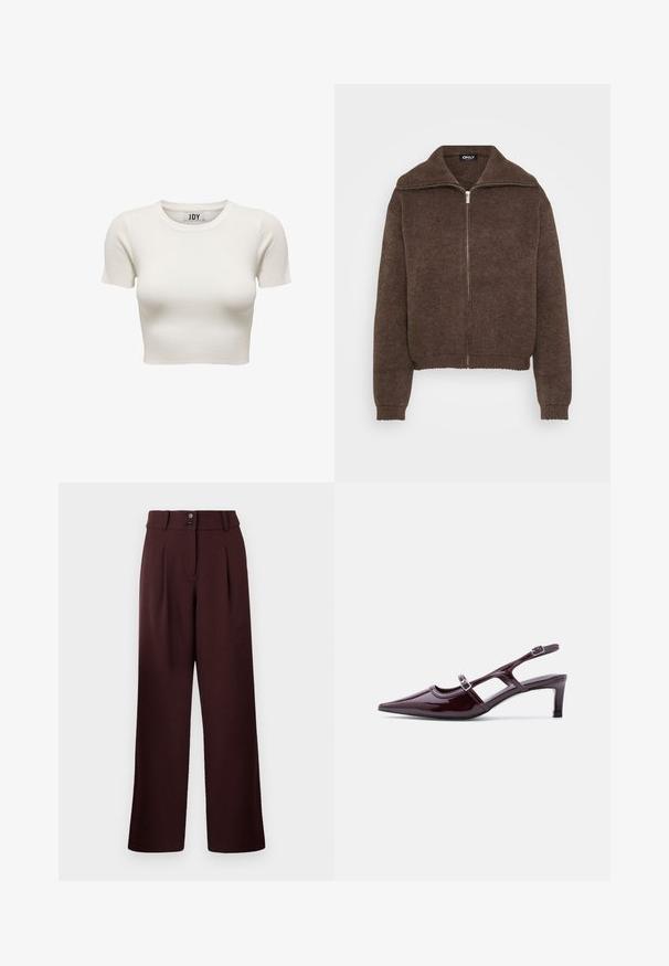 Brun strikket sweater med høj krave og lynlås foran. Har ribbede mansjetter og kant, der giver et struktureret udseende.; Cremefarvet kortærmet ribbet crop top med rund halsudskæring og JDY brandlabel inden i kraven, vist på hvid baggrund.; Bredde ben bukser i mørk burgunder med høj talje, to frontfolder og to-knaps lukning. Lavet af tekstureret stof.; Bordeaux laklæder slingback-sko med spids tå, lav hæl og dobbelte justerbare spænderem.