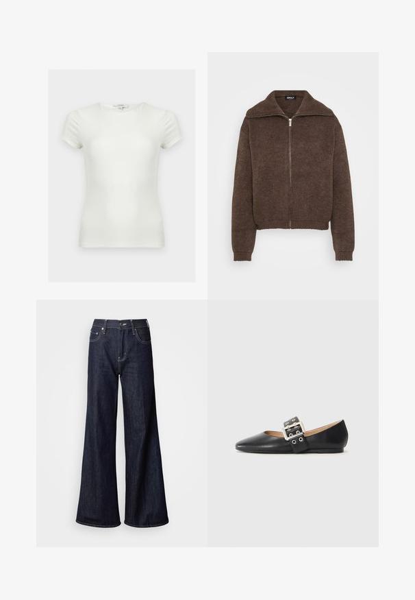 Pull en maille marron avec col montant et fermeture éclair à l'avant. Présente des poignets et un ourlet côtelés, offrant une apparence texturée.; T-shirt ajusté blanc uni à manches courtes avec encolure ronde, présenté sur un fond neutre.; Jean à jambes larges en denim foncé, présentant une taille haute, cinq poches, des coutures blanches contrastantes et une texture lisse.; Chaussure plate en cuir noir avec un bout pointu et une bride décorative à boucle équipée de ferrures argentées et de petites découpes.