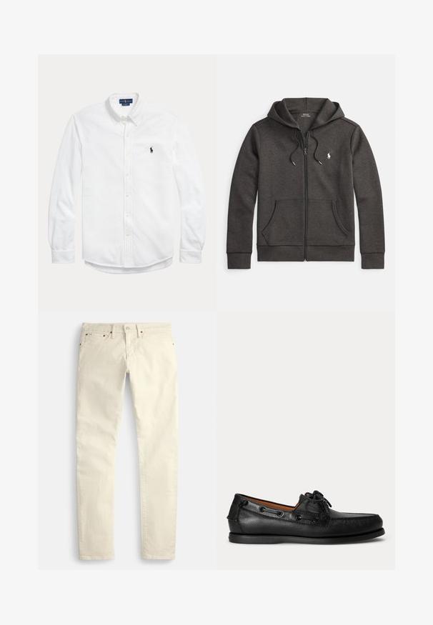 Donkergrijze hoodie met ritssluiting, gemaakt van een katoenmengsel, met een kangoeroezak, trekkoord in de kap en een klein geborduurd logo op de borst.; Wit overhemd met lange mouwen, knopen, button-down kraag en klein donker Polo Ralph Lauren-logo op de linkerborst.; Lichtbeige rechte broek van een gestructureerde stof. Voorzien van vijf zakken en bruine metalen accenten. Geen zichtbare patronen of versieringen.; Zwarte leren mocassin met veterdetail en lage rubberen zool, zijaanzicht op een eenvoudige lichte achtergrond.