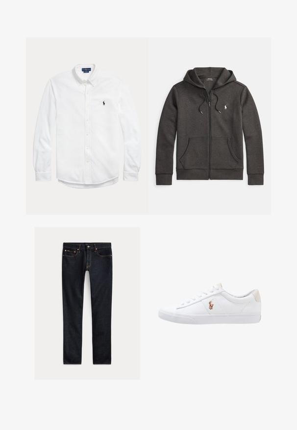 Donkergrijze hoodie met ritssluiting, gemaakt van een katoenmengsel, met een kangoeroezak, trekkoord in de kap en een klein geborduurd logo op de borst.; Wit overhemd met lange mouwen, knopen, button-down kraag en klein donker Polo Ralph Lauren-logo op de linkerborst.; Donkerblauwe slim-fit jeans met vijf zakken, knoopsluiting en contrasterende stiksels, plat gelegd op een lichte achtergrond.; Witte canvas sneakers met een laag ontwerp, featuring een beige hieltab en een klein geborduurd logo aan de zijkant. Rubber zool.