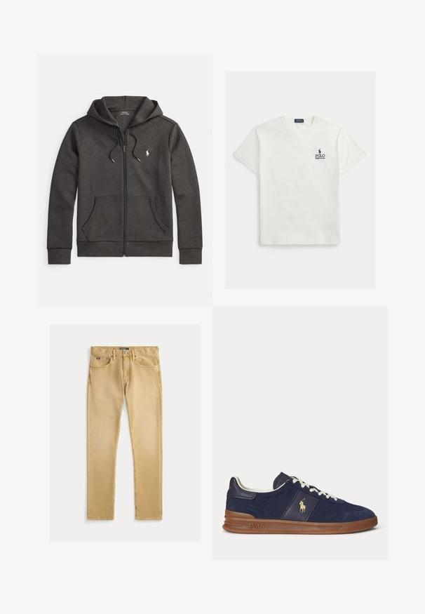 Sudadera con capucha y cremallera color gris oscuro, confeccionada con mezcla de algodón, con bolsillo tipo canguro, capucha ajustable con cordón y pequeño logo bordado en el pecho.; Camiseta blanca de algodón con mangas cortas. Presenta un logo y texto en color azul marino en el lado izquierdo del pecho. Diseño clásico de cuello redondo. Textura suave.; Vaqueros de algodón beige con un ajuste slim, diseño de cinco bolsillos y costura visible. Presentan un botón de metal y una etiqueta en la cinturilla.; Zapatilla deportiva baja azul marino con cordones blancos, suela marrón y logo de jugador de polo en el lateral, vista desde la izquierda.