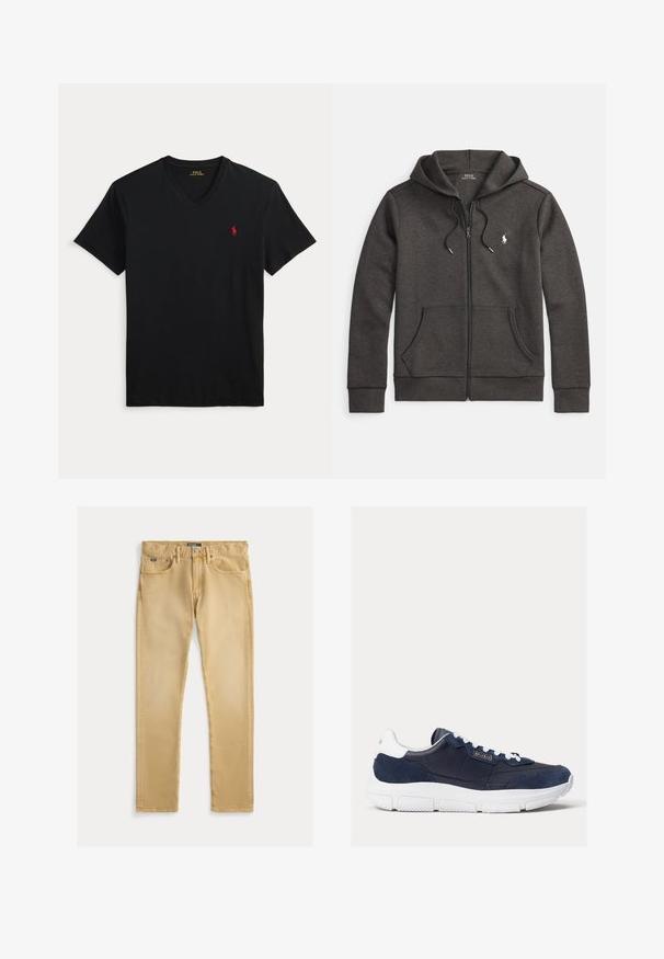 Sudadera con capucha y cremallera color gris oscuro, confeccionada con mezcla de algodón, con bolsillo tipo canguro, capucha ajustable con cordón y pequeño logo bordado en el pecho.; Camiseta negra de manga corta con escote en V y pequeño logo rojo de Polo Ralph Lauren en el pecho izquierdo.; Vaqueros de algodón beige con un ajuste slim, diseño de cinco bolsillos y costura visible. Presentan un botón de metal y una etiqueta en la cinturilla.; Zapatillas navy que presentan una combinación de piel lisa y ante en la parte superior, suela de goma blanca y cordones blancos en contraste con acento de logo en el lateral.