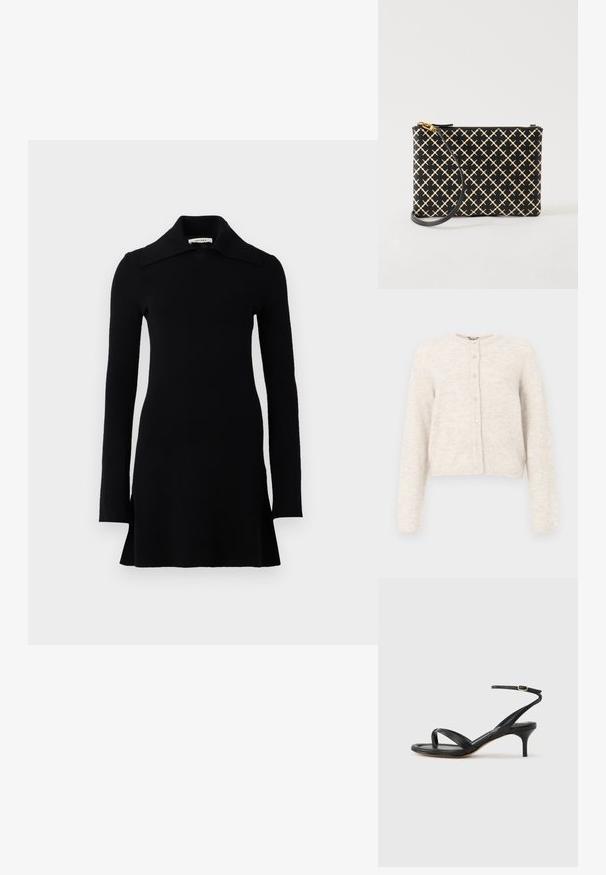 Afskåret cardigan i lys beige, lavet af blødt strikmateriale. Har rund halsudskæring, lange ærmer og lukning med seks knapper foran.; Sort langærmet mini kjole med bred krave, tætsiddende talje og let udvidet kant, præsenteret på en hvid baggrund.; Sort damesandal i læder med tynde remme, en tå-loop, ankelspænde og en mellemhøj stiletthæl på en neutral baggrund.; Sort og beige mønstret håndleds clutch med en guldfarvet lynlås og aftagelig sort rem, vist på en hvid baggrund.