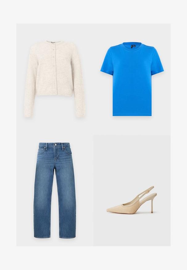 Afskåret cardigan i lys beige, lavet af blødt strikmateriale. Har rund halsudskæring, lange ærmer og lukning med seks knapper foran.; Enkelt blå kortærmet t-shirt med rund hals og synlige sømme ved kraven, lagt fladt på en lys grå baggrund.; Blå straight-leg denimjeans med knap- og lynlåslukning, for- og baglommer, vist mod en ensartet lys baggrund.; Beige slingback højhælede sko med spids tå, lavet af tekstureret materiale, med en slank hæl og justerbar rem.