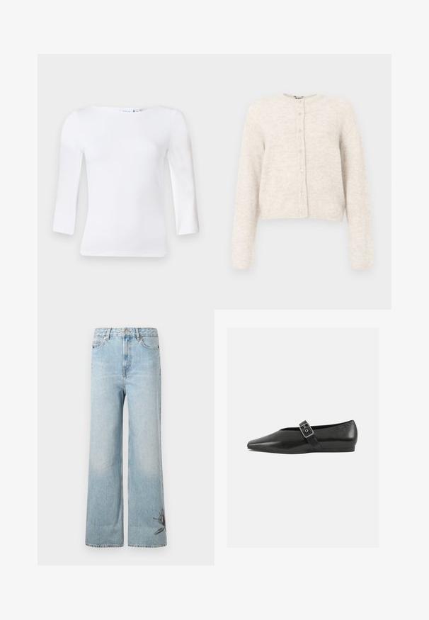Afskåret cardigan i lys beige, lavet af blødt strikmateriale. Har rund halsudskæring, lange ærmer og lukning med seks knapper foran.; Langærmet hvid top med firkantet udskæring, lavet af glat bomuldsblandingsmateriale, med tætsiddende ærmer og en let buet kant.; Lysblå vide jeans lavet af denim, med en falmet tekstur og blomsterbroderi detalje på den nederste venstre ben.; Sorte læder flade sko med spidse tæer, prydet med en metallisk spænde over vristen og en lav, fleksibel sål.
