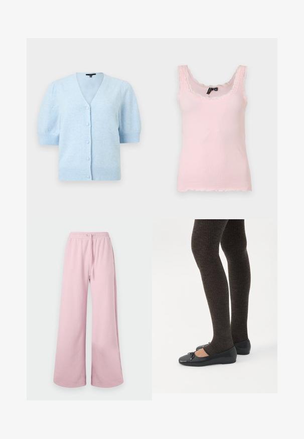Cardigan bleu clair à manches courtes avec col en V, cinq fermetures à boutons recouverts, poignets et ourlet côtelés, en tissu doux texturé.; Débardeur côtelé rose clair avec bordure en dentelle le long de l'encolure et des bretelles, sans manches avec une silhouette ajustée.; Pantalons larges de couleur rose clair avec une taille élastique et des détails de cordon, présentés sur un fond neutre.; Jambes portant des leggings côtelés foncés associés à des ballerines noires avec de petits détails en nœud sur fond blanc.
