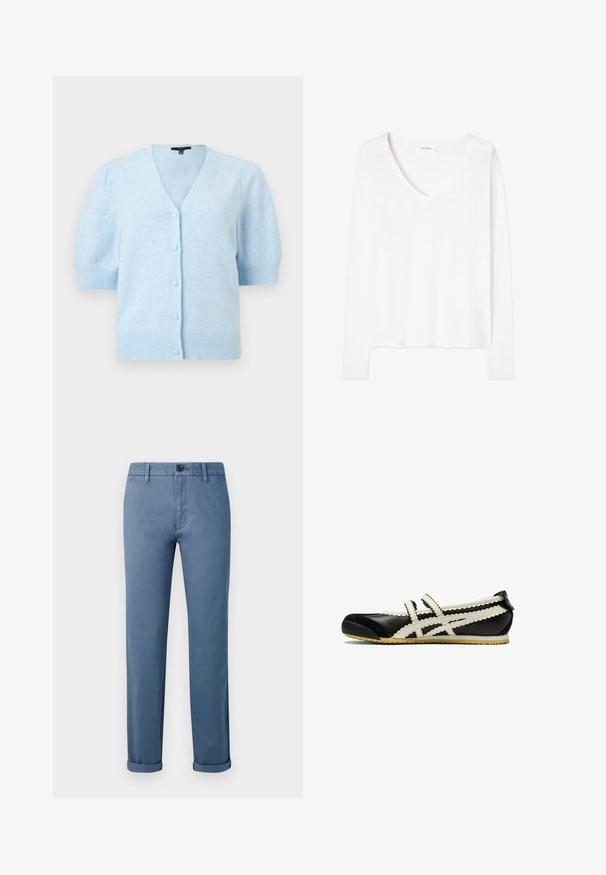 Cárdigan azul claro de manga corta con cuello en V, cinco cierres con botones cubiertos, puños y bajo acanalados, hecho de tela suave y texturizada.; Suéter blanco ligero de manga larga con cuello en V, ajuste ligeramente holgado y dobladillo recto.; Pantalones casuales azules con cierre de botón, presillas para cinturón, bolsillos laterales y puños en los tobillos sobre un fondo blanco.; Zapatillas de ballet de cuero negro con detalles blancos con bordes festoneados, dos correas cruzadas, punta redondeada y suela de goma para mayor agarre.
