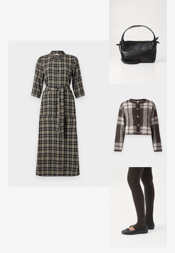Brun og creme plaid cropped cardigan med rund hals, fem knapper og blød tekstur. Lange ærmer med en afslappet pasform.; Lang plaid kjole med krave, knaplukning foran, trekvartlange ærmer og en bundet talje. Farverne inkluderer sort, beige og hvid.; Ben iført mørke ribbede leggings kombineret med sorte balletsko med små sløjfedetaljer på hvid baggrund.; Sort læderhåndtaske med et struktureret design, rund tophåndtag og aftagelig skulderrem. Den har en glat tekstur og en subtil glans.