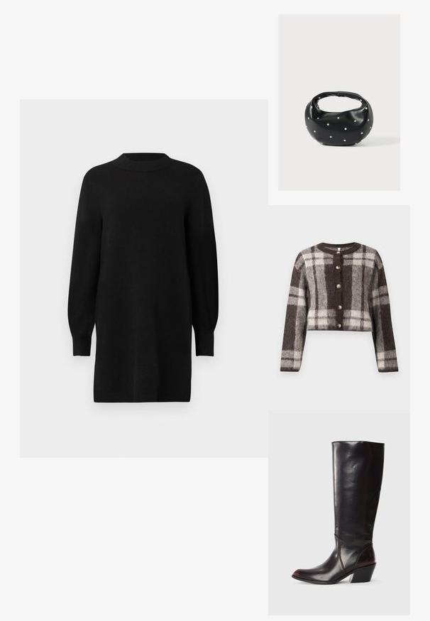 Cardigan court à carreaux marron et crème avec un col rond, cinq boutons et une texture douce. Manches longues avec une coupe décontractée.; Robe en tricot noire avec un col rond, des manches bouffantes longues et des poignets côtelés. Silhouette simple et droite. Texture lisse.; Botte en cuir brun foncé, à hauteur de genou, avec un bout pointu, un talon bloc angulaire et une texture lisse et brillante. Présente un design épuré et des détails de couture.; Sac à main en cuir noir de forme arrondie, décoré de clous argentés et équipé d'une poignée courte. Texture lisse et fermeture éclair.