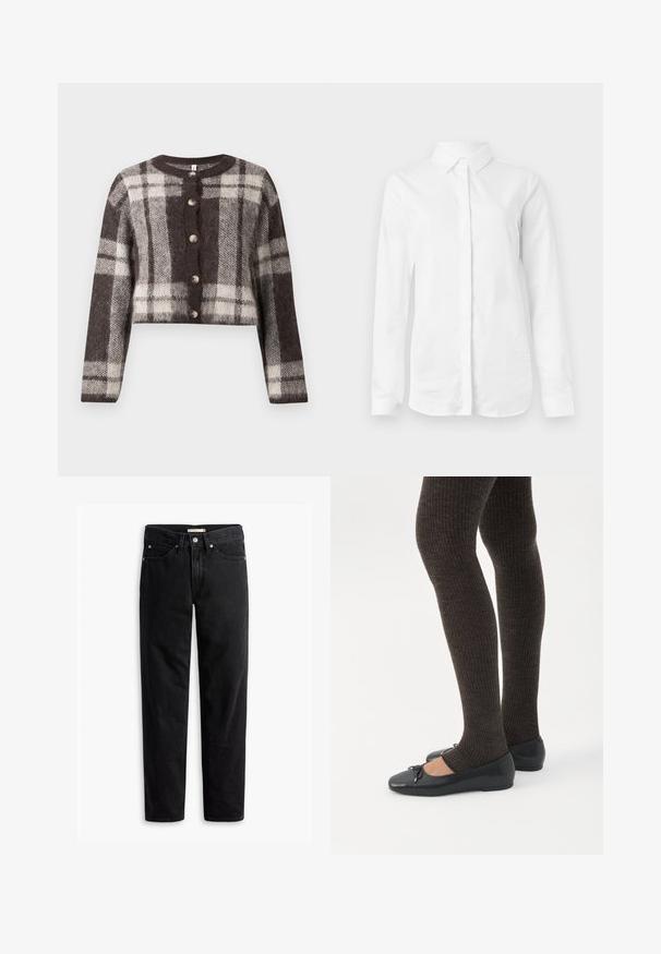 Cardigan court à carreaux marron et crème avec un col rond, cinq boutons et une texture douce. Manches longues avec une coupe décontractée.; Chemise blanche à manches longues en coton lisse. Présente un col classique et un devant à boutons avec un ourlet droit et sans motifs.; Jeans noirs à jambe droite avec fermeture à bouton et à zip, passants de ceinture et poches avant et arrière, présentés à plat sur un fond blanc.; Jambes portant des leggings côtelés foncés associés à des ballerines noires avec de petits détails en nœud sur fond blanc.