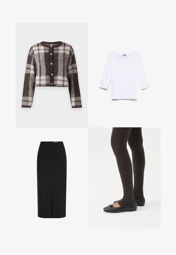 Brun og creme plaid cropped cardigan med rund hals, fem knapper og blød tekstur. Lange ærmer med en afslappet pasform.; Hvid skjorte med trekvartlange ærmer lavet af bomuldsblandingsstof; har en bred bådudskæring og en glat, let tekstur.; Sort midi pencilnederdel med høj talje, frontslids og skjult lynlås på hvid baggrund.; Ben iført mørke ribbede leggings kombineret med sorte balletsko med små sløjfedetaljer på hvid baggrund.