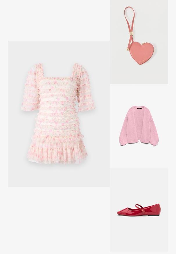 Pink chunky strikket åben cardigan med lange puffede ærmer og ribbet manchetter, lagt fladt på en hvid baggrund.; Rynket kjole med firkantet halsudskæring og puffede ærmer, lavet af gennemsigtigt stof med lyserøde blomster mønstre og lagdelte flæser i kanten.; Røde ballerinasko i laklæder med spids snude, ankelrem og en lille rund detalje på remmen. Flad sål og glat tekstur.; Lyserød hjerteformet lædermøntpose med håndledsrem og guldlås, mærket med lille gyldent "Furla"-tekst.