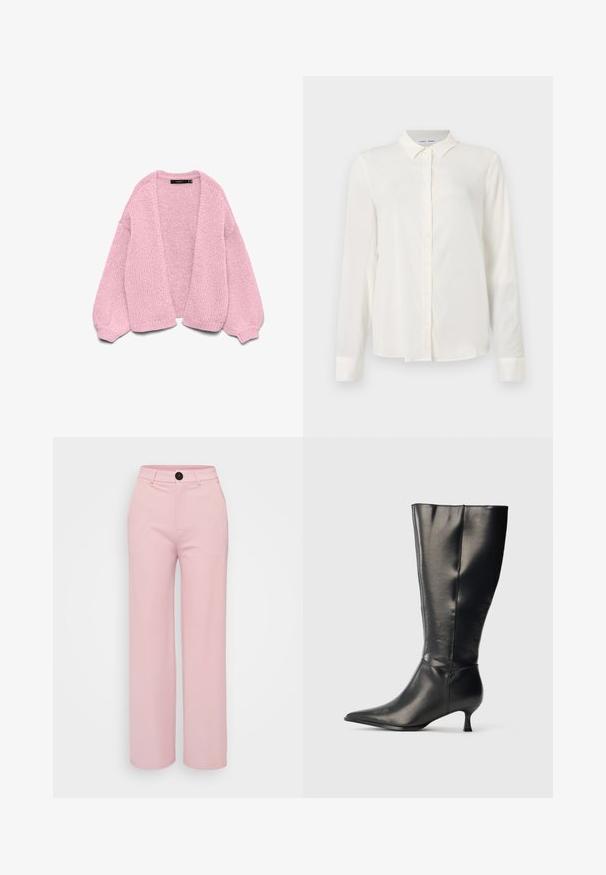 Cardigan rose en maille épaisse avec ouverture sur le devant, manches longues bouffantes et poignets côtelés, posé à plat sur un fond blanc.; Blouse blanche à manches longues en tissu lisse, avec un devant à boutons et un col classique, dotée d'un ourlet légèrement arrondi et de poignets.; Pantalons large en rose clair avec une texture lisse, dotés d'un bouton noir et d'une taille classique. Aucune poche supplémentaire visible.; Botte en cuir noire montant jusqu'au genou, avec un bout pointu et un petit talon bas, présentée sur un fond clair uni.