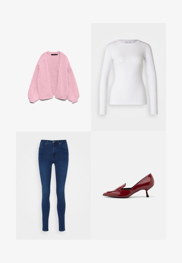 Cardigan rose en maille épaisse avec ouverture sur le devant, manches longues bouffantes et poignets côtelés, posé à plat sur un fond blanc.; Chemise blanche à manches longues en tissu côtelé, avec un col rond et une coupe cintrée. Aucun motif ni accent présent.; ONLY POWER ROYAL PUSH - Jeans Skinny - dark blue denim; Talons escarpins en cuir verni rouge avec un bout pointu, un design sans lacets, et un petit talon aiguille. Texture lisse avec une silhouette élégante.