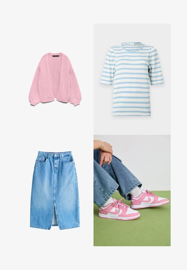 Pink chunky strikket åben cardigan med lange puffede ærmer og ribbet manchetter, lagt fladt på en hvid baggrund.; Stripet t-shirt i lyseblå og hvid, med ribbet tekstur, korte puffærmer og rund halsudskæring.; Lyseblå denimnederdel med en frontal slits, fem lommer og knaplukning. Har et klassisk lige snit og frynset kant.; Rosa og hvide Nike sneakers lavet af læder og mesh-materialer, med kontrasterende designs, rund tå og matchende pink snørebånd og detaljer.