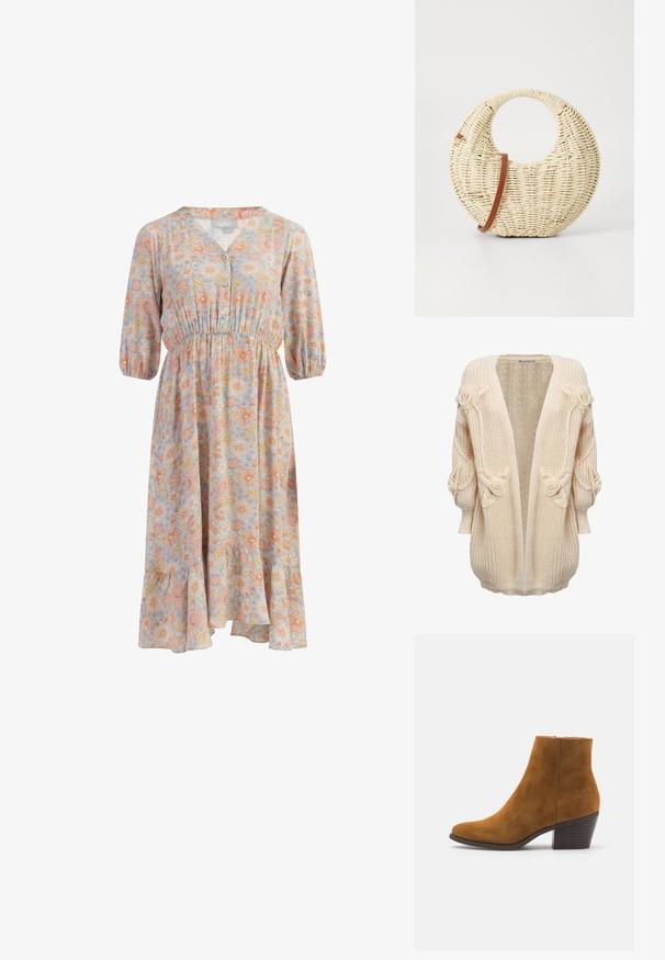 INFLUENCER FLOWER APPLICATION - Cardigan - cream; Blomstret kjole med en lyseblå baggrund og fersken- og gule blomster, V-hals, trekvartærmer og elastisk talje.; Brune ruskind ankelstøvle med spids tå og stablet hæl. Glat tekstur med lynlås i siden til lukning. Klassisk design og form.; Rund flettet taske i naturligt strå med en tekstureret overflade. Har en glat brun læderrem og et cirkulært håndtag.