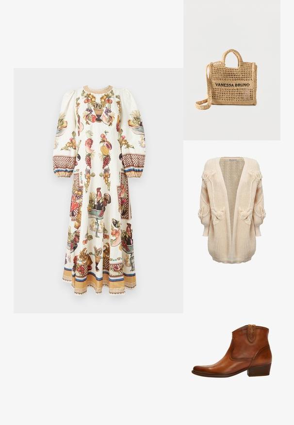 INFLUENCER FLOWER APPLICATION - Gilet - cream; Robe longue crème avec des manches bouffantes, décorée de motifs colorés de fruits, légumes et coqs, avec des poignets et un ourlet à motifs marron.; Bottines en cuir marron avec un bout pointu, des coutures décoratives et un petit talon empilé ; elles présentent un tige de hauteur moyenne et des languettes de tirage.; Sac à main beige tissé avec deux poignées, une longue bandoulière, un design en tissage ouvert, et "VANESSA BRUNO" brodé en noir à l'avant.