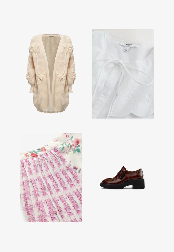 INFLUENCER FLOWER APPLICATION - Vest - cream; Witte blouse met bloemenborduursel, met een ronde halslijn, een striksluiting en knoopdetails. Zachte katoenen stof met textuuraccenten.; Bloemenjurk met een witte achtergrond en roze en groene bloemenpatronen, geplooid ontwerp en een gladde stofstructuur.; Bruine leren mokassin met zwarte chunky hak, grote zwarte gespstrap over de bovenkant en merklabel nabij de hak.