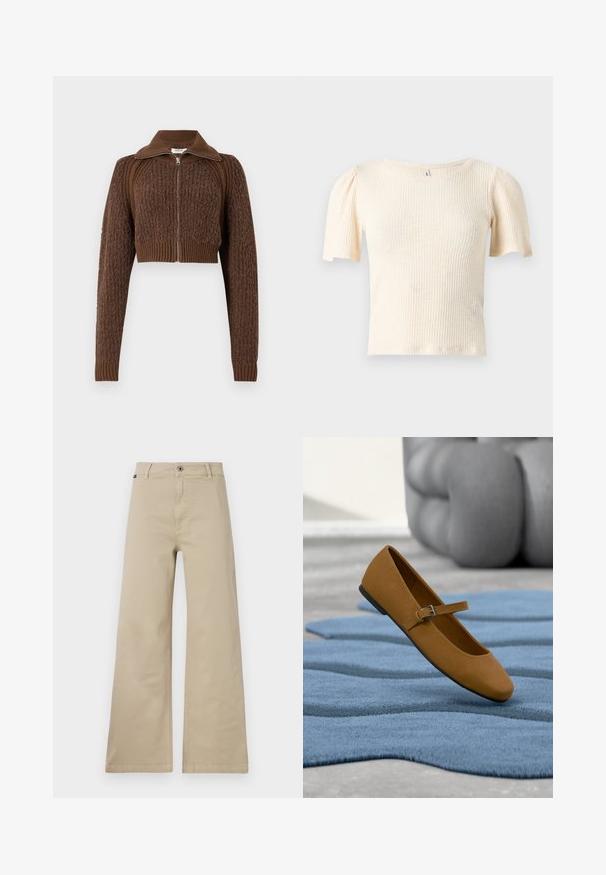 Replay CROPPED ZIP - Kardigan - wood; Lühikeste varrukatega, soonikkoes tumehalli beeži tooni topp. Pehme tekstuur, kehatähedus ja õrnade puffy varrukatega, ümar kaelus.; Beige laiad püksid, mis on valmistatud puuvillast. Omavad nupulahedust, vööloopse ja küljetaskuid. Sile, tugev tekstuur klassikalise disainiga.; Pruun Mary Jane madal king kinnitusrihmaga, hõljumas tekstuurse sinise vaiba kohal, taustal hall polsterdatud mööbel.