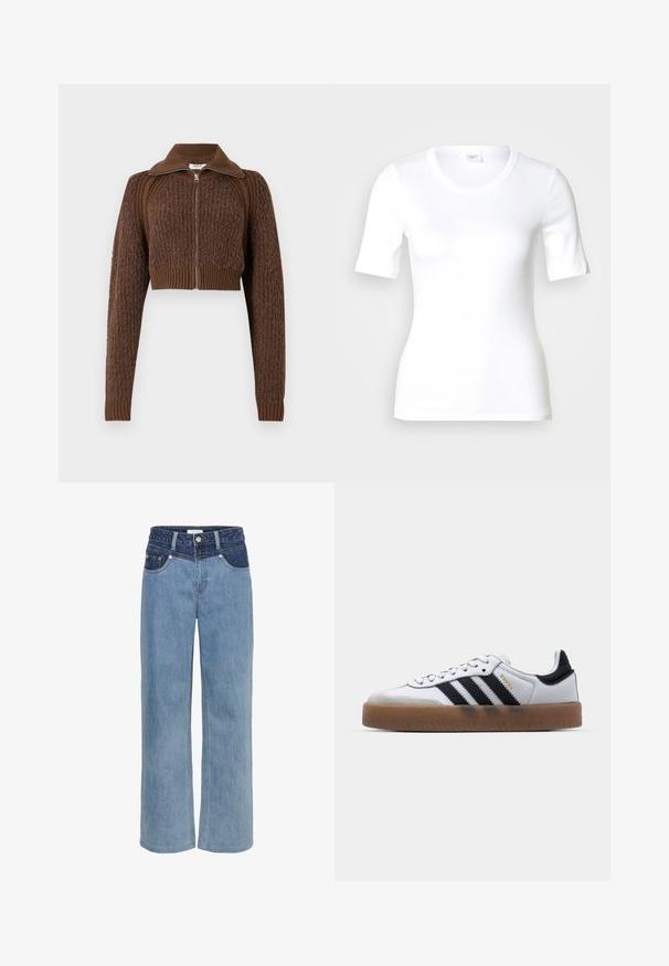 Replay CROPPED ZIP - Vest - wood; Wit T-shirt met korte mouwen van glad katoen, met een ronde halslijn en een aangesloten pasvorm. Klassiek ontwerp, zonder patronen of accenten.; Lichtblauwe denim wijde jeans met een hoge taille, vijf-pocket ontwerp en een contrasterende donkerblauwe patch aan de voorkant.; Witte leren sneakers met zwarte strepen, gumrubberen buitenzool, ronde neus, vetersluiting en een zachte grijze suède neuskap.