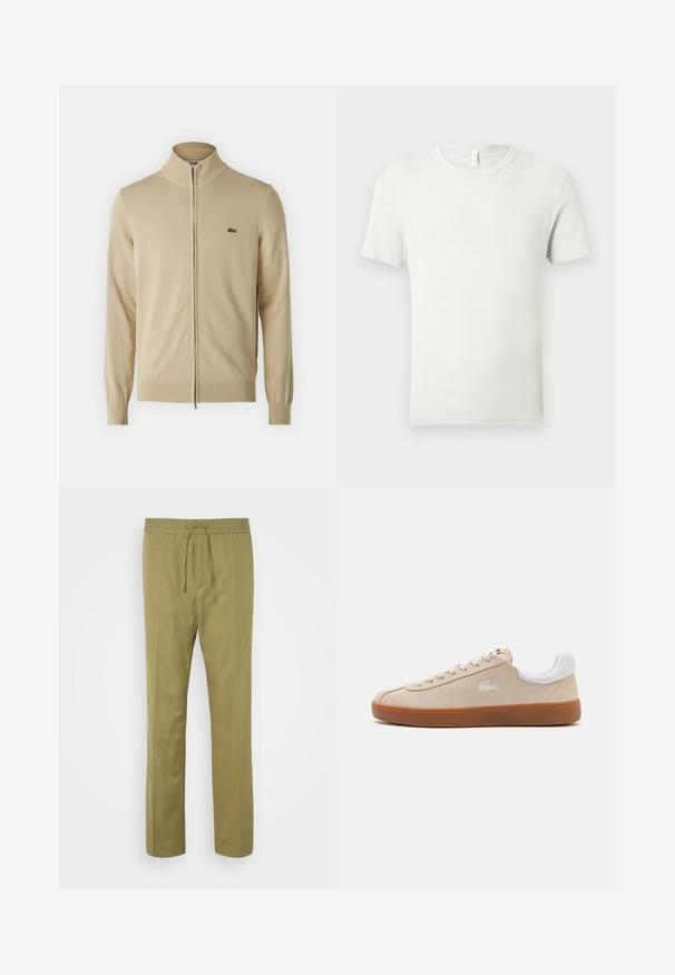 Cárdigan beige con cremallera que presenta un cuello alto y puños acanalados. Logo verde bordado en el pecho. Material de punto suave, diseño estilizado.; Camiseta blanca lisa de manga corta y cuello redondo, extendida sobre una superficie gris claro, con una pequeña etiqueta de tela en el cuello.; Pantalones de un suave tono verde oliva, confeccionados con una tela ligera. Cuentan con una cinturilla elástica con cordón y patas rectas.; Zapatilla de ante beige con detalles en cuero blanco, cierre de cordones plano, suela de goma y logo bordado. La vista lateral muestra un diseño aerodinámico.