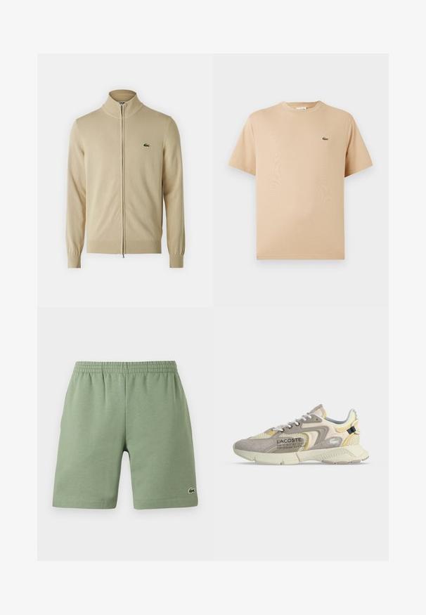 Beige ritscardigan met hoge kraag en geribbelde mouwen. Geborduurd groen logo op de borst. Zachte breipatroon, gestroomlijnd ontwerp.; Beige katoenen T-shirt met een ronde hals en korte mouwen; heeft een klein, geborduurd groen krokodillenlogo aan de linkerkant.; Groene katoenen shorts met een elastische tailleband, ontspannen pasvorm en een klein geborduurd logo aan de onderkant aan de linkerzijde. Gladde textuur, geen zakken.; Beige en crèmekleurige Lacoste-sneaker met mesh- en suède-overlays, witte veters en merktekst aan de zijkant, gezien vanaf de buitenkant.